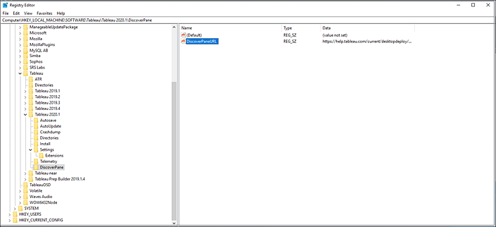 Registry Editor displaying directories and settings for various software including Tableau.