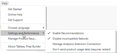 The Settings and Performance submenu showing the option to opt out of sharing product usage data.