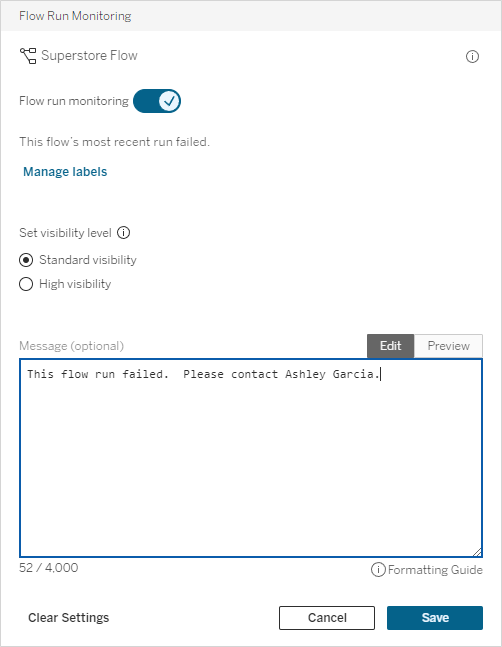 Flow Run Monitoring window with sample message that reads, "This flow run failed. Please contact Ashley Garcia."