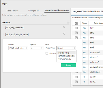 If you have multiple values for a variable, you can select the value you need from a drop-down list.