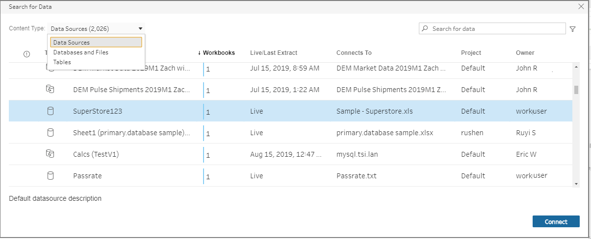 Search for Data pane with Data Sources content type selected.