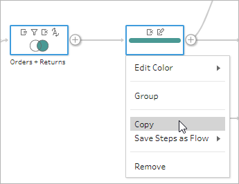The right-click menu for a step in a Tableau Prep flow pane with the Copy option highlighted.
