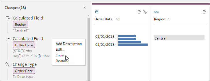 The right-click menu in the Changes pane with the Copy option highlighted.