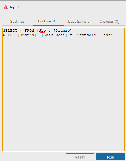 The custom SQL tab in a Tableau Prep flow input step showing an example SQL query.