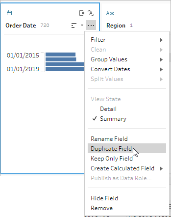 The Duplicate Field menu option on the More options menu on a profile card in the flow.
