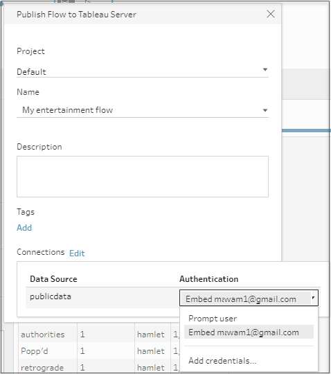 The Publish Flow to Tableau Server dialog showing the Connections dialog with newly added credentials.