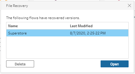 The File recovery dialog showing a single recovered file named "Superstore", last modified on 7 August 2020.