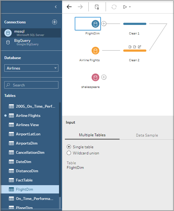 A Tableau Prep flow with a database connection on the left and data transformation steps on the right.