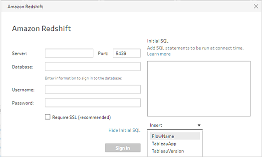 A form for connecting to Amazon Redshift.