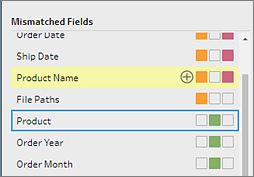 A list of Mismatched Fields. Product is selected