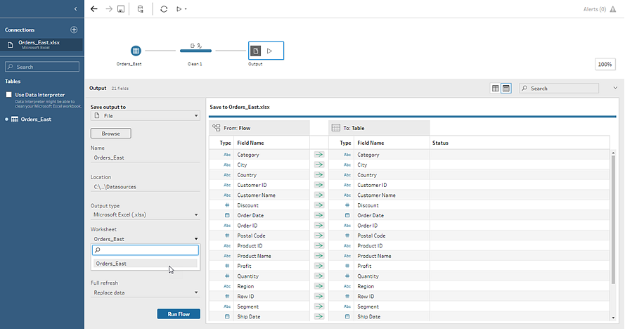 Output flow data to a Microsoft Excel worksheet file