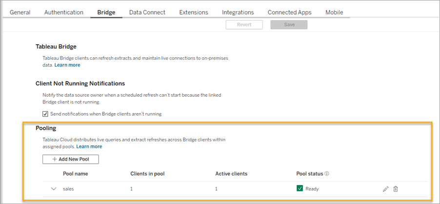 Tableau Bridge site settings showing the Bridge pool configuration.