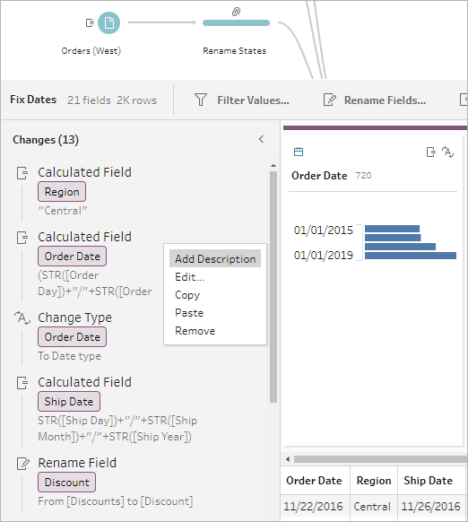 The Changes pane in a flow showing a right-click menu with "Add Description" highlighted.