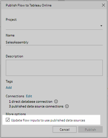 The Publish Flow to Tableau Online dialog with the Update flow inputs to use published data sources check box highlighted.