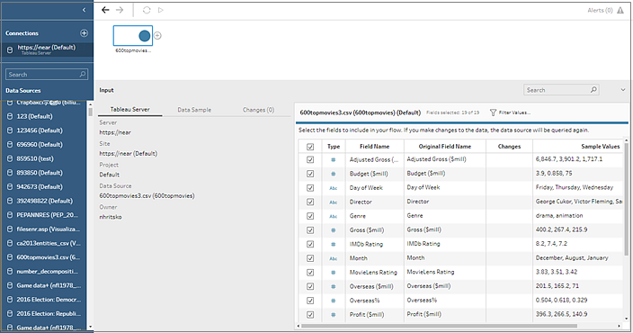 A Tableau Prep flow showing a list of searchable data sources in the Connections pane.