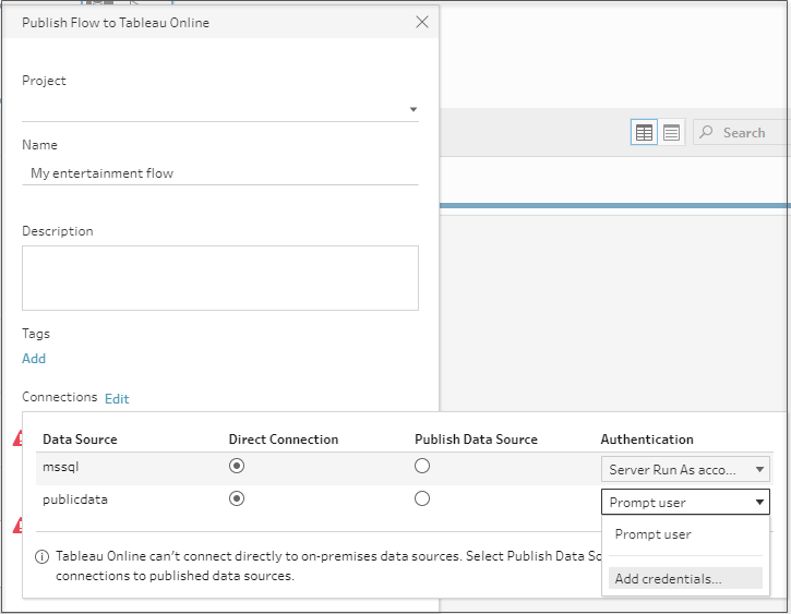 The Publish Flow to Tableau Online dialog showing the Connections dialog with the Add Credentials option.