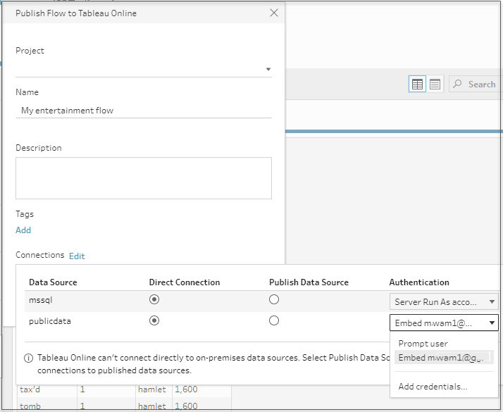 The Publish Flow to Tableau Online dialog showing the Connections dialog with newly added credentials.