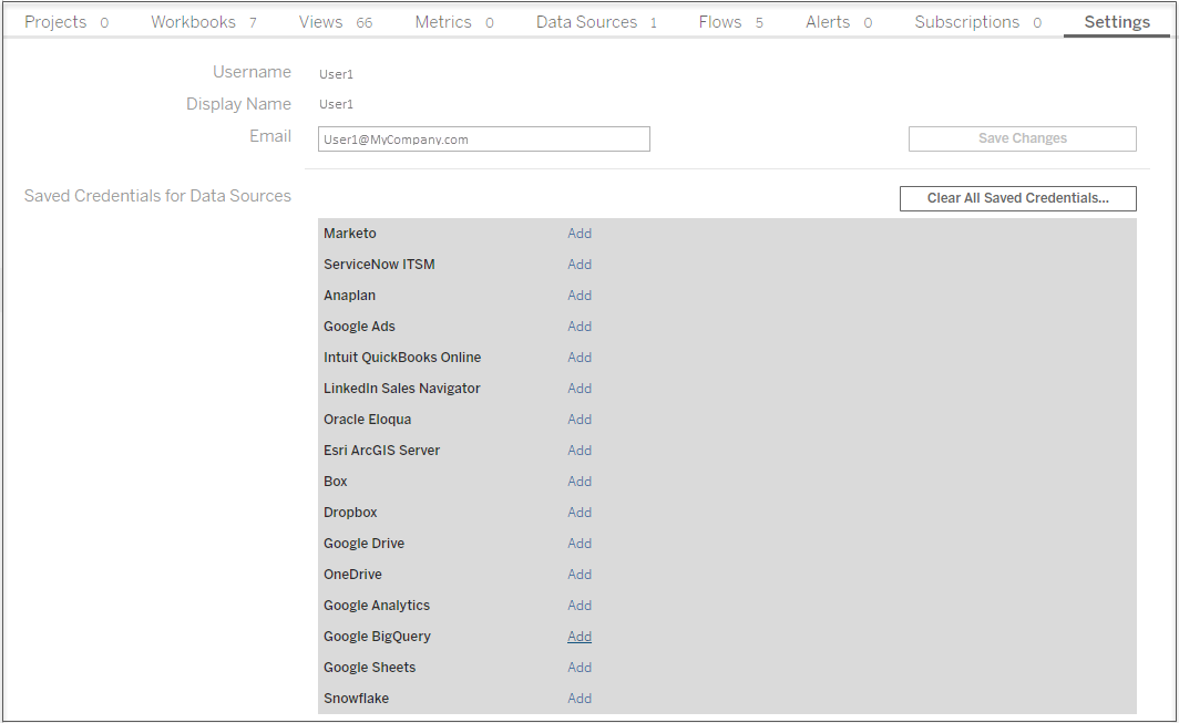 The Account Settings tab on the server showing a list of data sources and buttons to add your credentials.