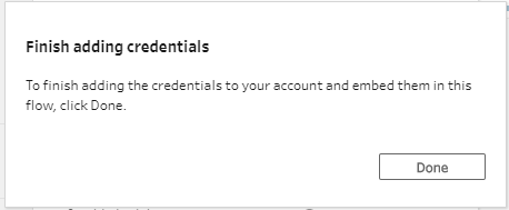The Finish adding credentials dialog with a Done button.