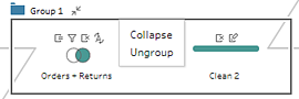 "Collapse" and "Ungroup" options over a  process called "Group 1" that shows orders and returns followed by a step called "Clean 2".