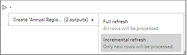 A window that allows you to choose between a full or incremental refresh, with incremental refresh highlighted.