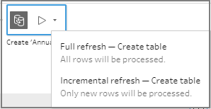 A dialog box with options to create a table using full refresh or incremental refresh.