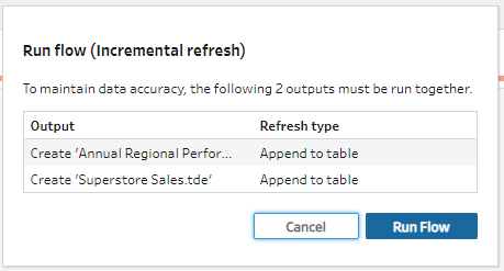 Run flow (incremental refresh) dialog with a table containing output and refresh type and Run Flow button.