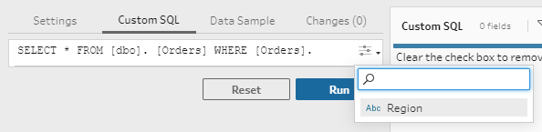 The “Custom SQL” tab is selected, showing a SQL query editor with the query "SELECT * FROM [dbo]. [Orders] WHERE [Orders]." 