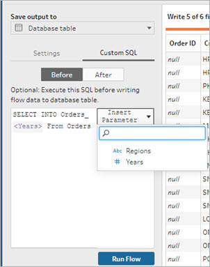 The “Save output to” option is set to “Database table”. The “Custom SQL” tab is selected, and a parameter is being inserted.