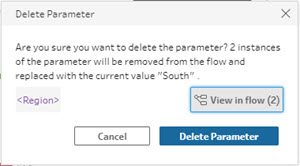 The  "Delete Parameter" confirmation dialog is open, and the description says "Are you sure you want to delete the parameter? 2 instances of the parameter will be removed from the flow and replaced with the current value 'South'." The dialog box displays the parameter name "Region," and the option to view the 2 instances of the parameter is selected.