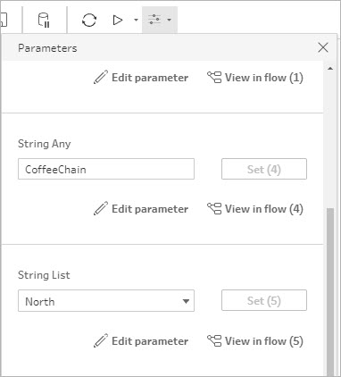 The “Parameter” dialog is open, and the “String Any” description is “CoffeeChain.” The “View in flow” option shows it exists in 4 flows. The “String List” description is “North,” and the “View in flow” option shows it exists in 5 flows.