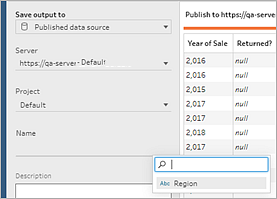The “Save output to” dialog is open. The “Parameter” icon has been chosen, and a menu to choose the parameter is open. 