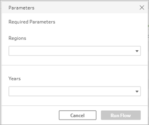The "Parameters dialog with two required parameters: Regions and Years