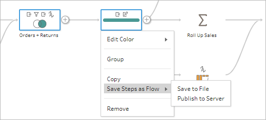 A flow diagram that shows the ability to save steps as a flow or publish to a server.
