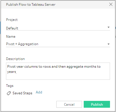 The Publish Flow to Tableau Server dialog box.
