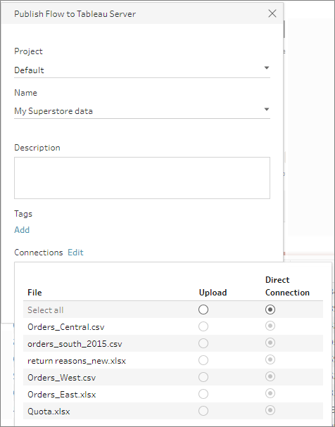 Publish flow to Tableau Server with radio buttons to choose a connection.