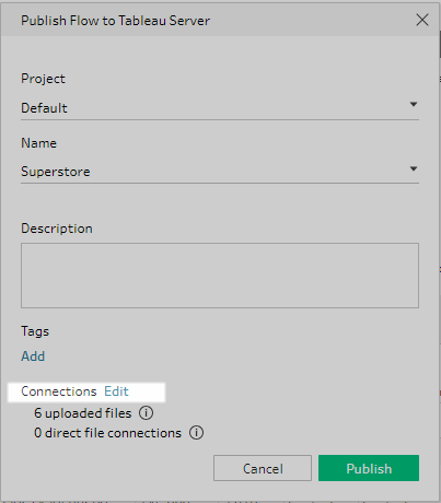 A form for publishing a flow to Tableau Server.