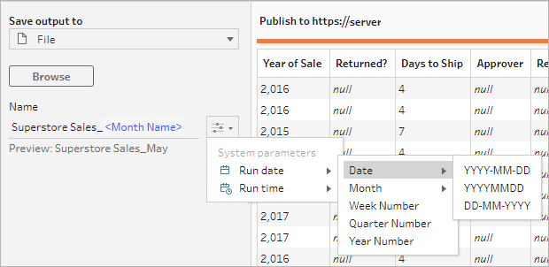 Add system parameters to the file or published data source output name to automatically add a time stamp each time you run the flow.