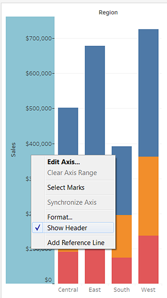 Stacked column chart displaying sales figures by region. A context menu shows option to Show Header selected.