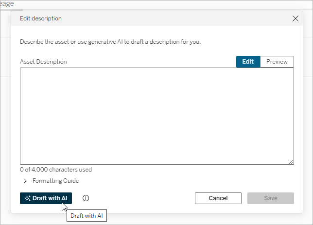 Edit description dialog with the Draft with Einstein button