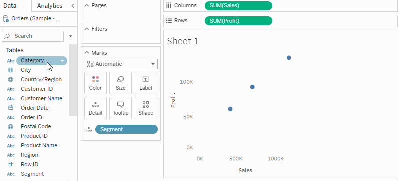 Drag a dimension field onto colour on the Marks card.