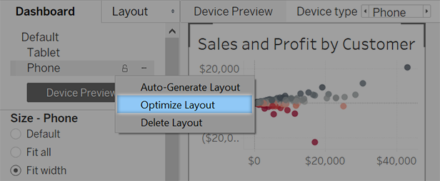 Dashboard with the unlock icon selected for Phone and the Optimise Layout option selected from the dropdown.