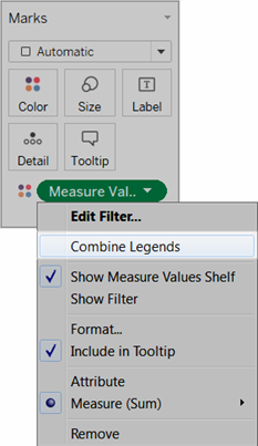 Tableau Desktop view of selecting the Combine Legends option from the Measure Values field context menu.
