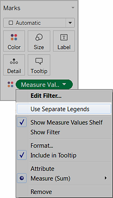 Tableau Desktop view of selecting the Use Separate Legends options from the Measure Values field on the Marks card.