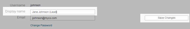 A form with fields for your username, display name, email and a button to save changes.