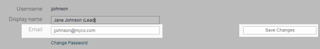 A form with fields for a username, display name, email address and a button to save changes. It also includes a link to change your password.