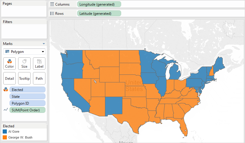 A filled map of the United States, with states that voted for Al Gore in blue and those for George W. Bush in orange.