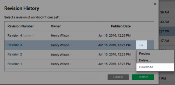 Context menu for a revision with options to preview, delete or download.