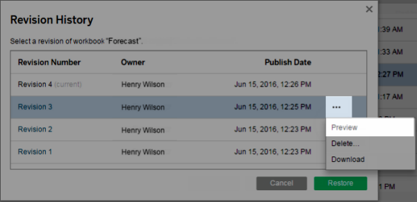 Context menu for a revision with options to preview, delete or download.