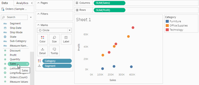 Drag a field onto size on the Marks card.